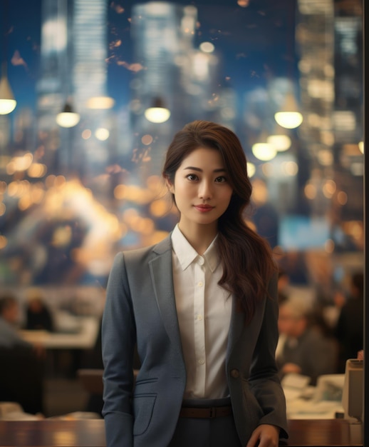 Close up vertical d'une femme d'affaires japonaise avec son espace de travail sur l'arrière-plan