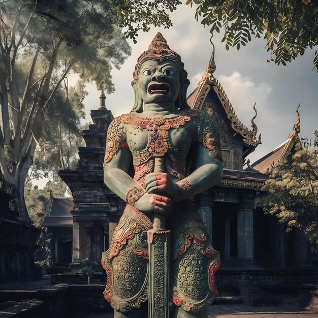 Close-up vertical de la statue du gardien dans le temple bouddhiste de pha lat à Chiang Mai en Thaïlande