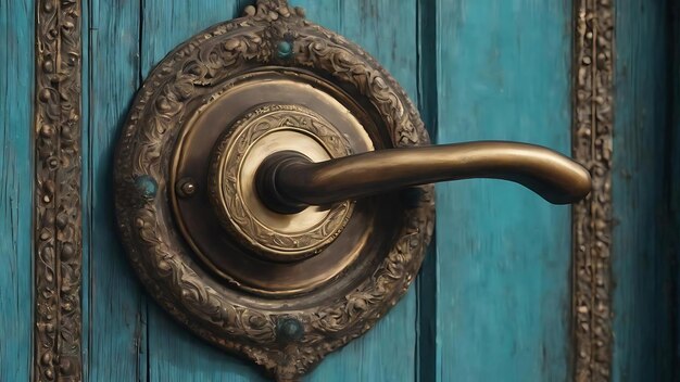 Close-up d'une vieille porte antique à texture turquoise bleue avec poignée de porte en bronze doré et trou de serrure