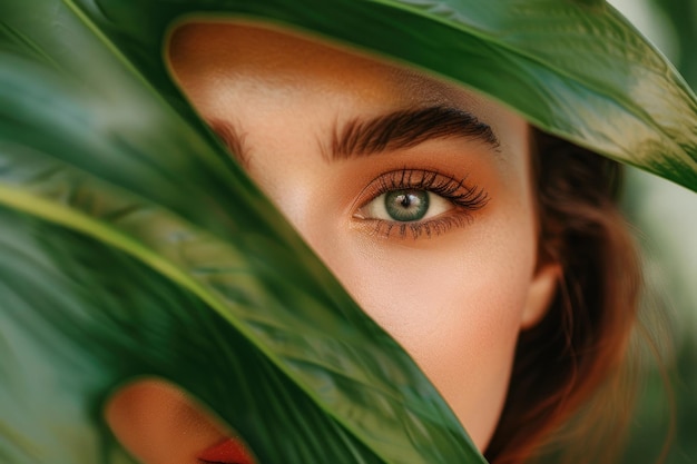 Close-up sur le visage d'une belle femme debout derrière une feuille verte