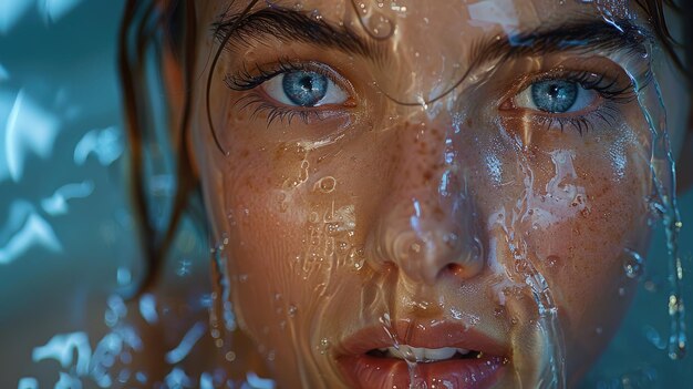 Close-up d'un visage d'une personne en train d'être rafraîchi avec une fine brume d'eau mettant en évidence l'hydratation de la peau arrière-plan de couleur solide 4k ultra hd