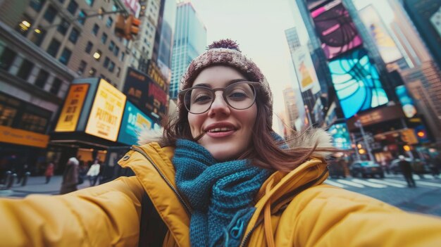 Photo close-up d'un voyageur prenant un selfie devant le paysage urbain emblématique se fondant dans la toile de fond vibrante des gratte-ciel et des rues animées