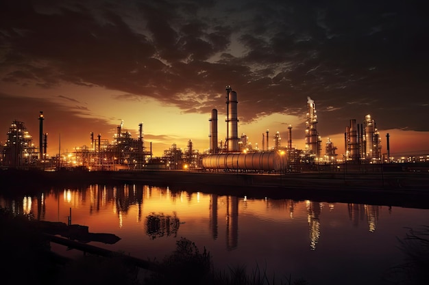 Close up vue industrielle à l'usine de raffinerie de pétrole sous forme de zone d'industrie avec le lever du soleil et ciel nuageux