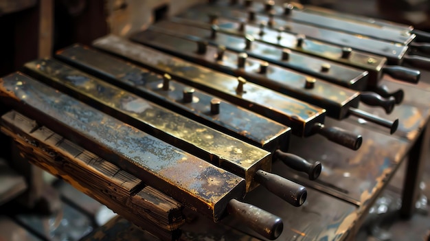 Close-up d'un xylophone vintage avec des barres métalliques et des poignées en bois Le xylophone est placé sur une table en bois