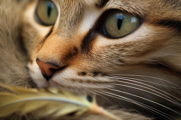 Close-up des yeux de chatons focalisés sur une plume créée avec l'AI générative