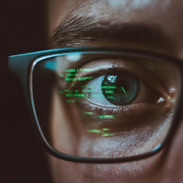 Close-up des yeux et des lunettes avec réflexion technologique Concept de cybersécurité