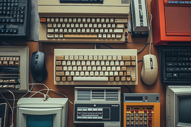 Close-ups de claviers et de souris d'ordinateur rétro Fond de technologie vintage