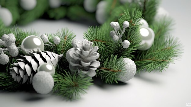 Closeup_3d couronne de Noël avec branche de sapin vert blanc ai générative