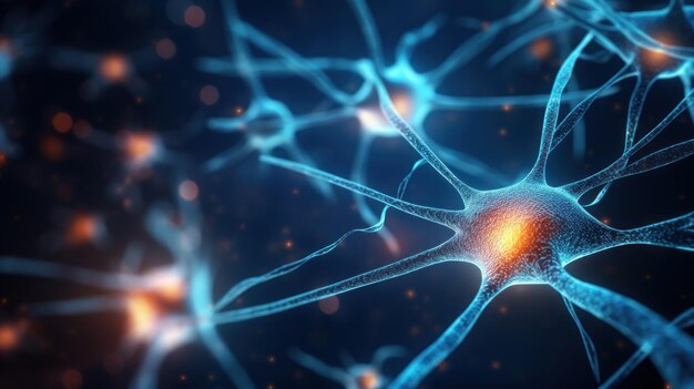 Photo closeup de cellules neuronales se connectant à la transmission de signaux électrochimiques dans un réseau neuronal généré par l'ia