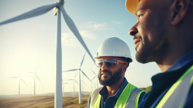 Closeup de deux ingénieurs de l'énergie éolienne sur les éoliennes pour le concept d'énergie renouvelable