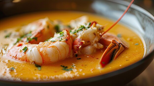 Photo closeup du bol de soupe avec des crevettes délicieux plat de fruits de mer prêt à être apprécié