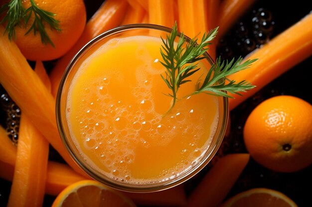 Photo closeup du jus de carotte avec la photographie d'image du jus de carrote vibrant orange stra