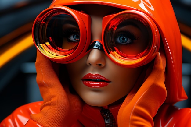 Closeup Une femme futuriste orange avec une paire de jumelles technologiques