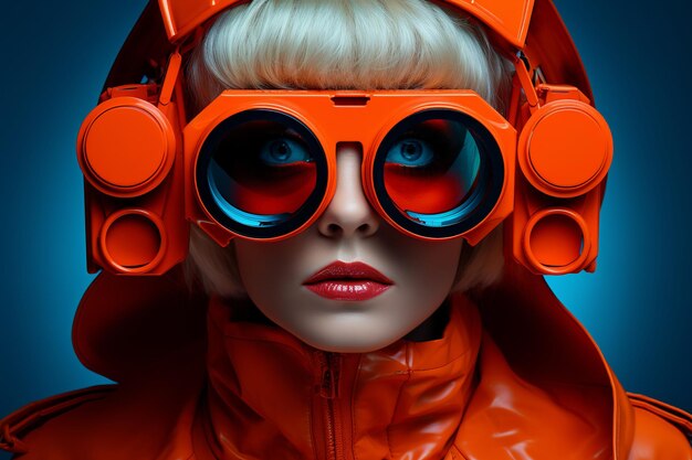 Closeup Une femme futuriste orange avec une paire de jumelles technologiques