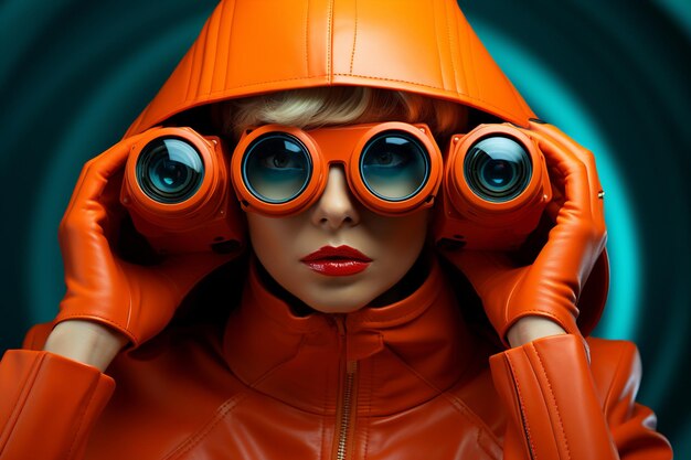 Closeup Une femme futuriste orange avec une paire de jumelles technologiques