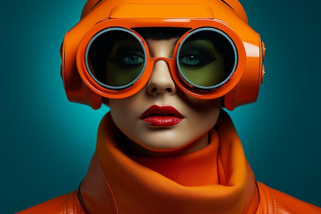 Closeup Une femme futuriste orange avec une paire de jumelles technologiques