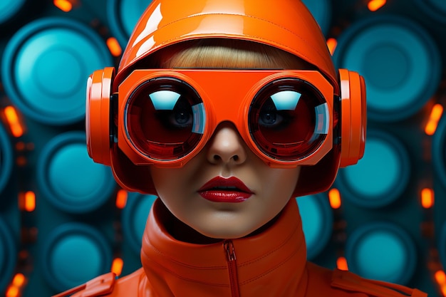 Closeup Une femme futuriste orange avec une paire de jumelles technologiques