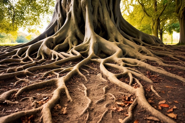 Photo closeup of an oak trees roots with mushrooms