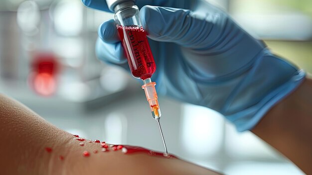 Photo closeup of a blood test in progress with a needle extracting a small sample from a patient39s a