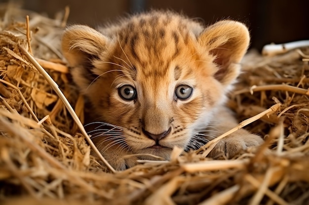 Photo closeup of newborn lion cub couché dans la paille