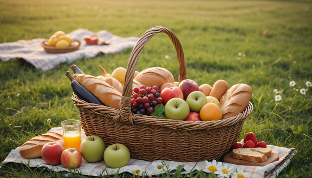 CloseUp d'un panier de pique-nique avec des fruits, de la nourriture, du pain et des fleurs sur une prairie verte générée par l'IA