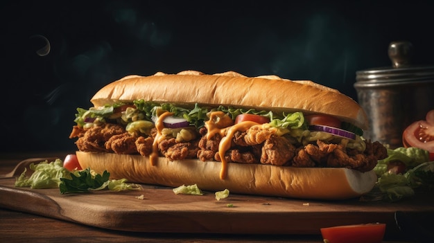 Closeup Po Boy Sandwiches sur une table en bois avec des garnitures de légumes et un fond flou