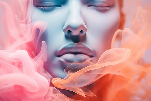 Photo closeup portrait ai génératif d'une femme tentante avec du brouillard couvrant son visage pur perfection tendresse désir passion beauté