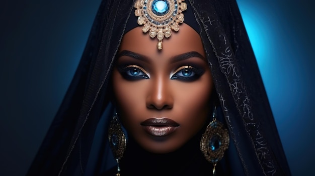 Closeup portrait d'une belle femme afro-américaine aux yeux bleus et à la peau noire