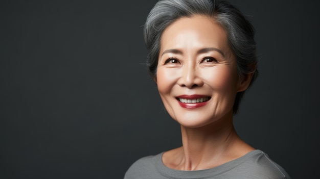 Closeup portrait d'une belle et heureuse femme asiatique d'âge moyen Femme âgée d'une cinquantaine d'années regardant