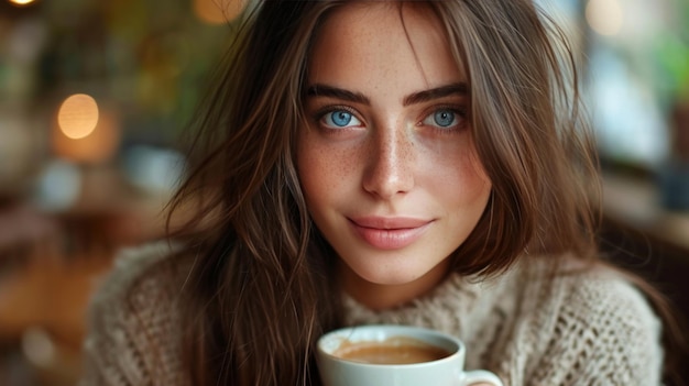 Closeup portrait de belle jeune femme brune avec du café