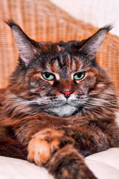 Closeup portrait de chat maine coon vue de face