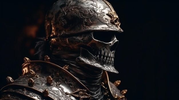 Closeup portrait de chevalier médiéval en armure avec crâne sur fond sombre ai générative