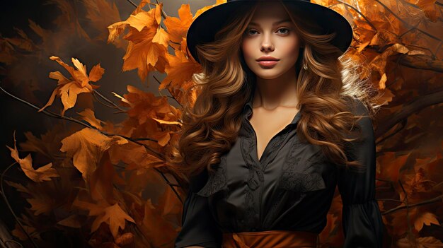 Closeup portrait de femme dans tout l'or avec la lumière d'automne fond d'automne de chute de feuilles sèches