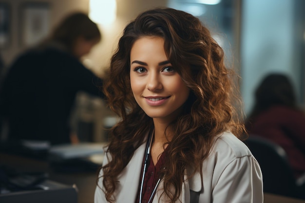 Closeup portrait d'une femme médecin confiante souriant à la caméra en milieu hospitalier