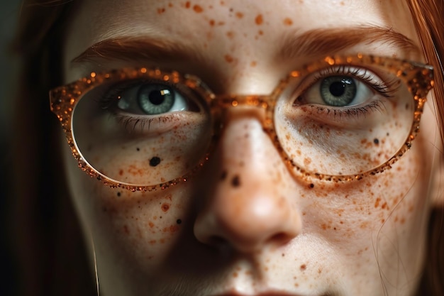 Closeup portrait de femme avec des taches de rousseur visage générative ai