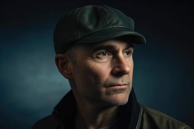 Closeup portrait d'un homme sérieux avec une casquette de baseball et un blouson avec un robuste