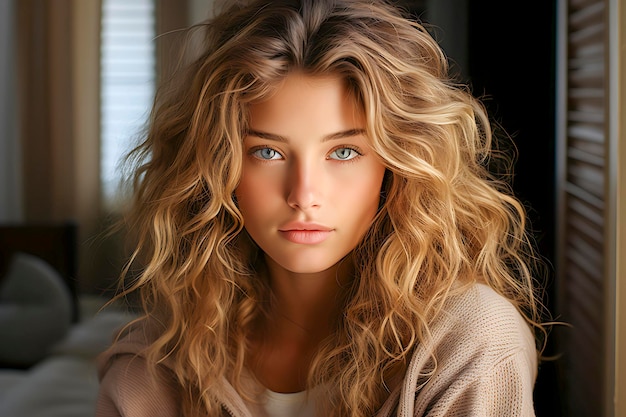 Closeup portrait d'une jolie fille blonde souriante aux cheveux longs et aux yeux bleus posant sur une plage rocheuse