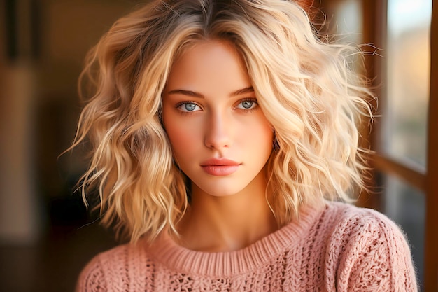 Closeup portrait d'une jolie fille blonde souriante aux cheveux longs et aux yeux bleus posant sur une plage rocheuse