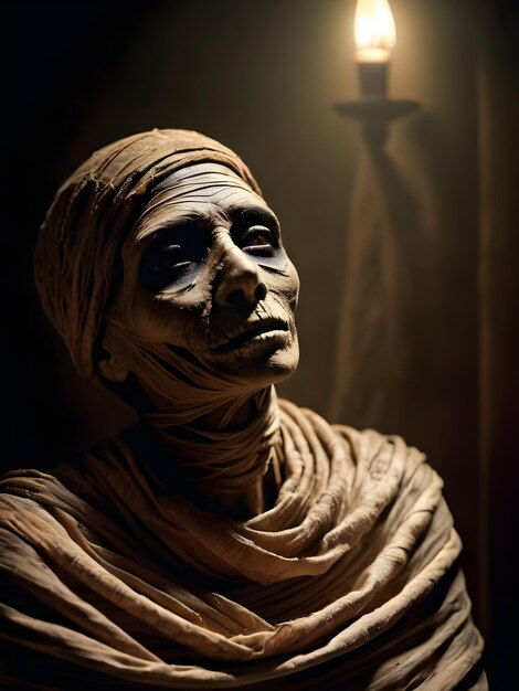 Closeup portrait d'une momie effrayante dans le noir film d'horreur d'Halloween