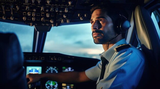 Photo closeup portrait d'un pilote dans le cockpit d'un avion