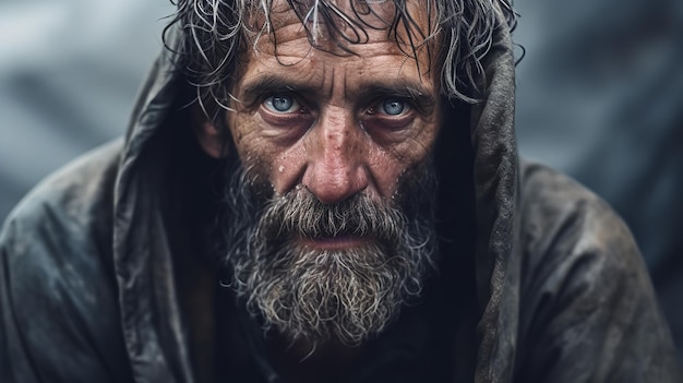 Closeup portrait d'un sans-abri Dans une rue de la ville un homme âgé clochard avec une barbe Inégalité dans la société Ai générative