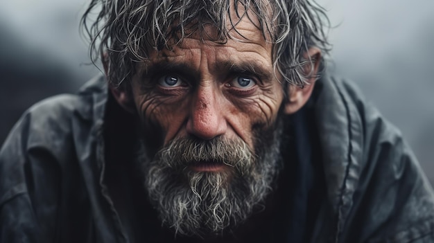 Closeup portrait d'un sans-abri Dans une rue de la ville un homme âgé clochard avec une barbe Inégalité dans la société Ai générative