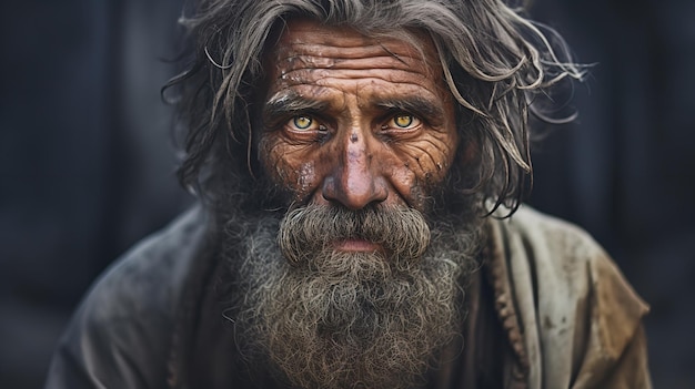 Closeup portrait d'un sans-abri Dans une rue de la ville un homme âgé clochard avec une barbe Inégalité dans la société Ai générative