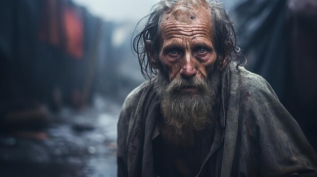 Closeup portrait d'un sans-abri Dans une rue de la ville un homme âgé clochard avec une barbe Inégalité dans la société Ai générative