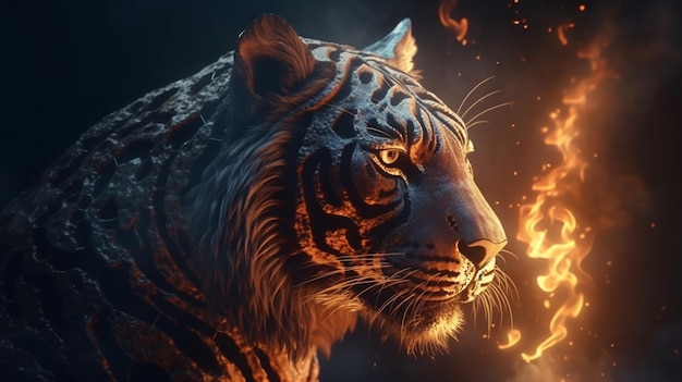 Closeup portrait d'un tigre sur un fond sombre avec ai smokegenerative