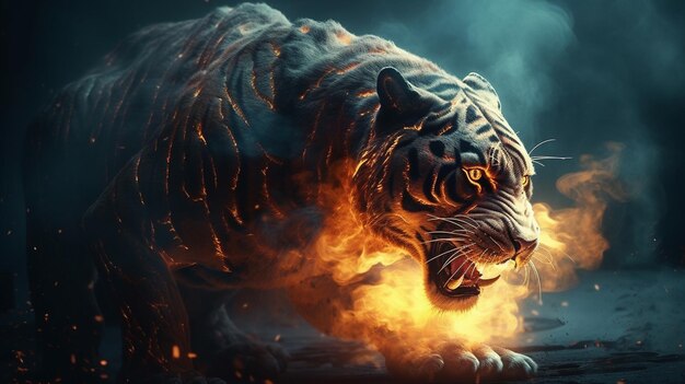 Closeup portrait d'un tigre sur un fond sombre avec ai smokegenerative