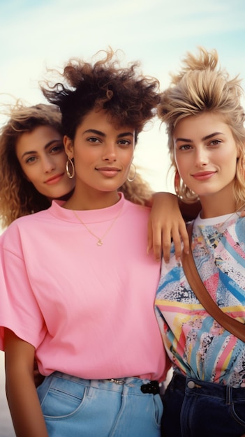 Photo closeup portrait de trois amis dans les années 1980