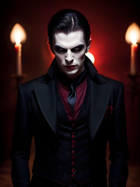 Photo closeup portrait d'un vampire effrayant dans une pièce sombre halloween