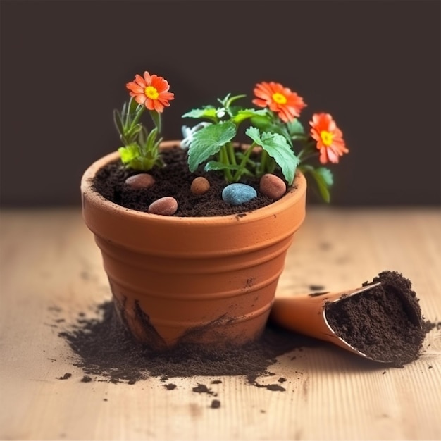 CloseUp pot de fleurs avec de la terre et des plantes