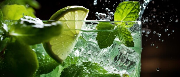 Closeup rafraîchissant mojito verser de la chaux et de la menthe éclaboussure de la chaux vibrante dans l'eau action dynamique des gouttelettes AI génératif